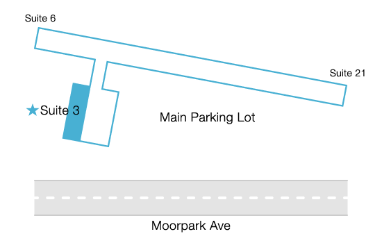 A map of the building: Suite 3 is at the end of a corridor that is between Suite 6 and 21.